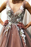 A Line V Neck Sleeveless Tulle Party Dress With Flowers, Gorgeous Prom Dress With