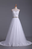 A Line Scoop Tulle Wedding Dresses With Applique And Beads