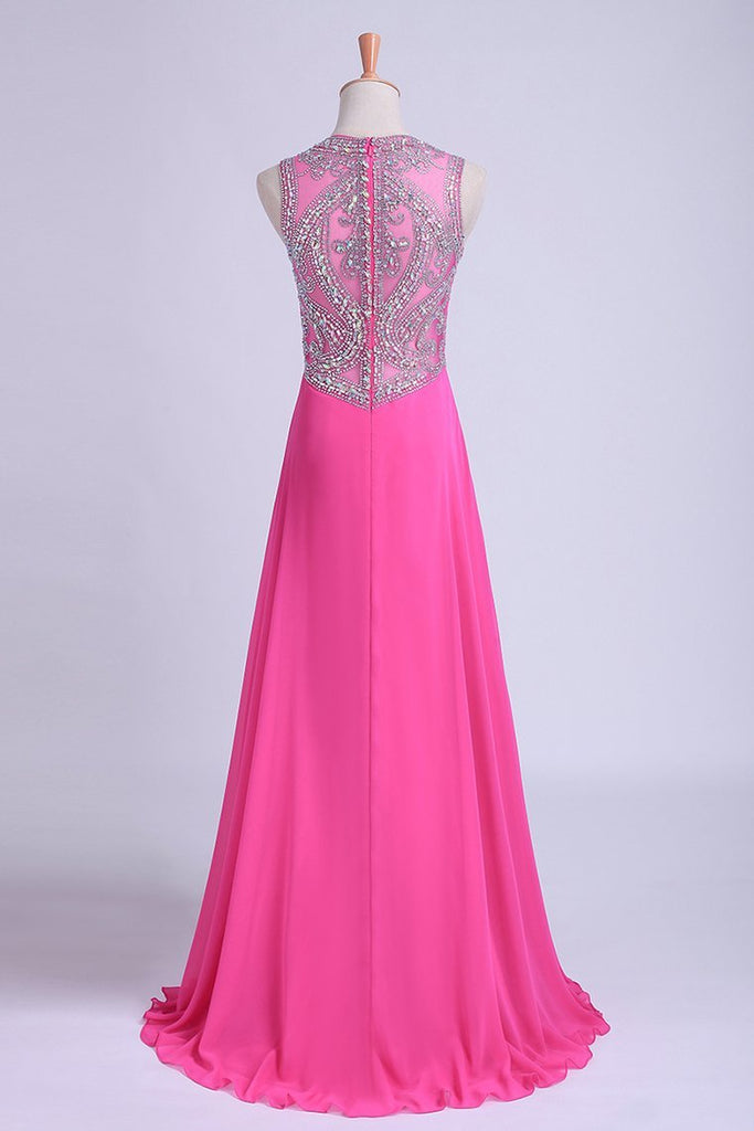 Scoop A-Line Chiffon&Tulle Floor-Length Prom Dresses With Beads Color