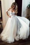 Unique Off The Shoulder Ivory Long Wedding Dress With Appliques Sweetheart Wedding STBPMJM4785
