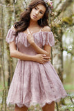 A-Line Cold Shoulder Purple Lace Homecoming Party Dress with Ruffles Prom Dresses STB14965