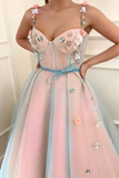 Stunning Applique A-Line Spaghetti Straps Tulle Sweetheart Prom Dresses With