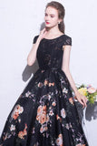 Black Prom Dresses Scoop A-Line Floral Print Sexy Long Lace Prom