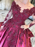 Ball Gown Long Sleeves Burgundy Satin Beads Prom Dresses with Appliques, Quinceanera Dress STB15498