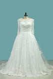 A Line Boat Neck 3/4 Length Sleeves Wedding Dresses Tulle With