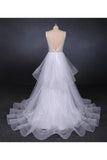 Unique V Neck Sleeveless Tulle Wedding Dresses, Asymmetrical Long Bridal