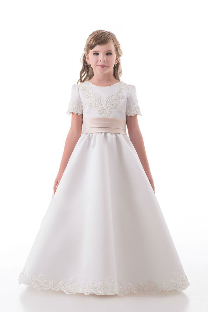 A Line Scoop Short Sleeves Flower Girl Dresses With Applique