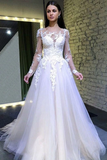 A Line Long Sleeves Round Neck Tulle Lace Appliques Wedding