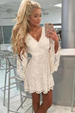 A-Line V-Neck Open Back Bell Sleeves Short White Lace Homecoming