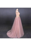 V Neck Sleeveless Tulle Prom Dress With Appliques, A Line Tulle Evening