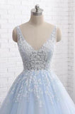 Princess Light Blue Long Ball Gown Lace Tulle Prom Dresses, V Neck Formal Dresses STB15297