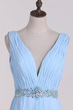 V Neck Prom Dresses A Line Backless Floor Length With Beading And