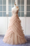 A-line One Shoulder Pink Tulle Ruffles Long Prom Dress Sexy Evening Dresses