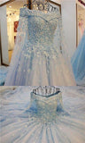 Gorgeous Tulle Off the Shoulder Blue With Lace Appliuqes Prom Dresses