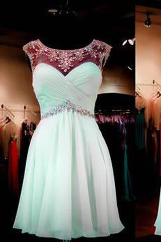 Mint Homecoming Dress A-line Empire Open Back Chiffon with Beaded Short Prom Dress