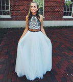Embroidery Two Piece White Prom Dresses Two Pieces Pageant Gowns
