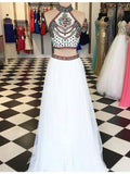 Embroidery Two Piece White Prom Dresses Two Pieces Pageant Gowns