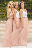 Elegant A Line Spaghetti Straps Sleeveless Pink and White Tulle Bridesmaid Dress with V Neck