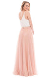 Elegant A Line Spaghetti Straps Sleeveless Pink and White Tulle Bridesmaid Dress with V Neck