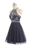 Dark Blue Beads Short Cute Halter Sweet 16 Cocktail Dress