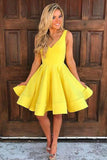 Cute V Neck Yellow Sleeveless Short Homecoming Dresses A Line Party Dresses