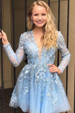 Blue Long Sleeve V Neck Lace Appliques Beads Homecoming Dresses Sweet 16 Dresses