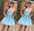 Blue Tulle V Neck Above Knee Beads Lace Appliques Short Homecoming Dresses
