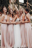 Cheap Long Chiffon Blush Pink Bridesmaid Dresses Convertible Open Back Maxi Dress