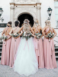 Cheap Long Chiffon Blush Pink Bridesmaid Dresses Convertible Open Back Maxi Dress