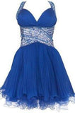 Cute cross back blue V-Neck Halter chiffon short sweetheart prom dress