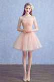 Cute A Line Half Sleeve Pink Round Neck Tulle Homecoming Dresses with Lace Prom Dress
