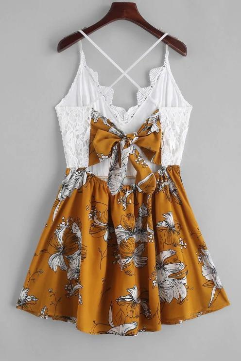 Cute A Line Spaghetti Straps V Neck White Lace Homecoming Dress Floral Print Cocktail Dress