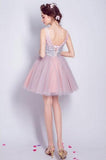 Cute Bling Sequins Short Tulle Party Dress V Neck Pink Lace up Homecoming Dresses