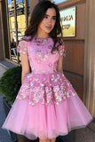 Cute Blue Floral Prints Tulle Short Sleeves A Line Homecoming Graduation Dresses