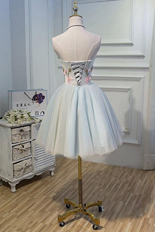 Cute Blue Strapless Tulle Homecoming Dresses with 3D Flowers Lace up Dance Dresses