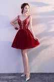 Cute Burgundy Tulle Above Knee Tulle Homecoming Dresses Lace up Belt Graduation Dress