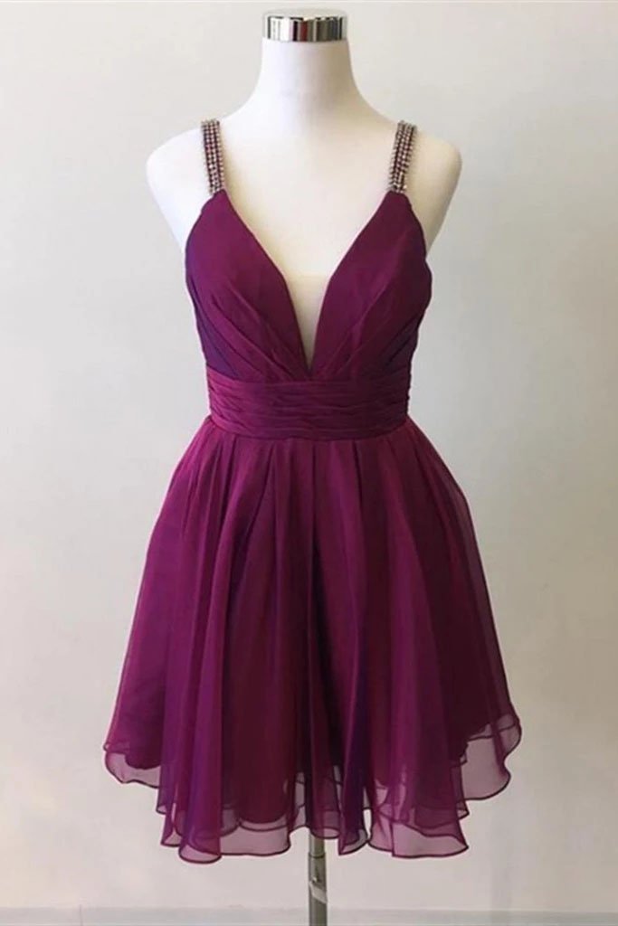 Cute Deep V Neck Purple Chiffon Beads Formal Dresses Homecoming Dresses