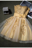 Cute Gold Strapless Mini Homecoming Dresses with Appliques Sweetheart Cocktail Dress