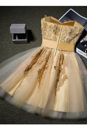 Cute Gold Strapless Mini Homecoming Dresses with Appliques Sweetheart Cocktail Dress