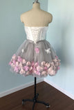 Cute Gray Strapless Tulle Homecoming Dresses with Flowers Short Sweet 16 Dresses