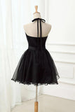 Cute Halter Black Tulle Sleeveless Beads Short Prom Dresses Homecoming Dresses