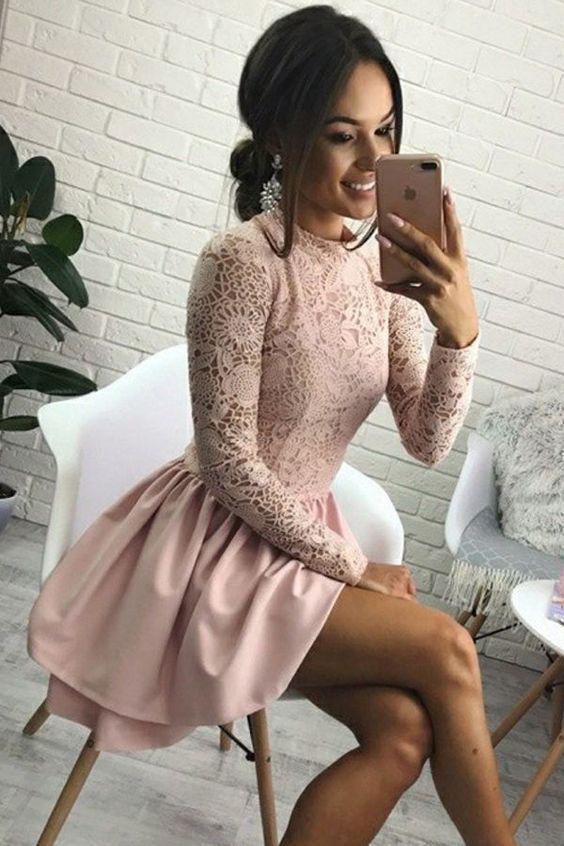 Cute Jewel Long Sleeve Short Pink Homecoming Dress with Lace Bodice Short Dress