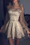 Cute Long Sleeve Grey Tulle Star Homecoming Dresses Above Knee Short Party Dresses
