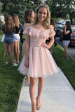 Cute Off the Shoulder Pink Tulle Short Homecoming Dresses with Lace