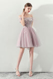 Cute Off the Shoulder Short Sleeve Tulle Above Knee Homecoming Dresses