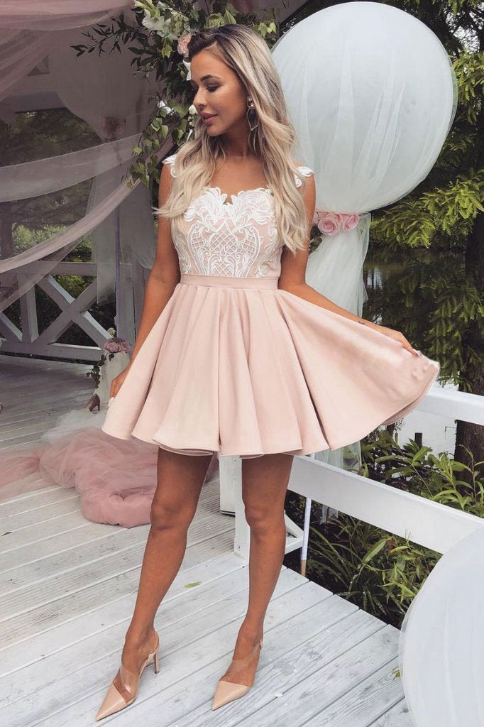 Cute Pink Lace Satin Above Knee Homecoming Dresses Sweet 16 Dresses