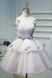 Cute Pink Spaghetti Straps Ball Gown Tulle Homecoming Dresses Short Flowers Dance Dresses