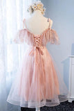 Cute Pink Spaghetti Straps Tea Length Tulle Sweetheart Homecoming Dresses with Belt
