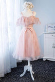 Cute Pink Spaghetti Straps Tea Length Tulle Sweetheart Homecoming Dresses with Belt