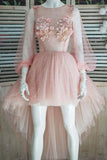 Cute Pink Tulle High Low Long Sleeve Short Prom Dress Homecoming Dresses with Flowers